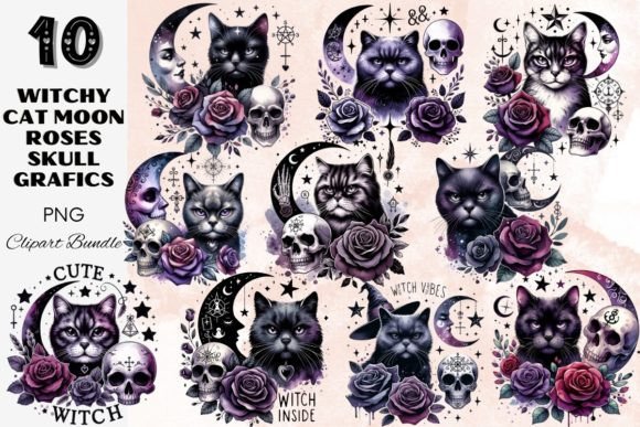 Download Mystical Witchy Cat Moon Skull Rose Set - Skull Collection